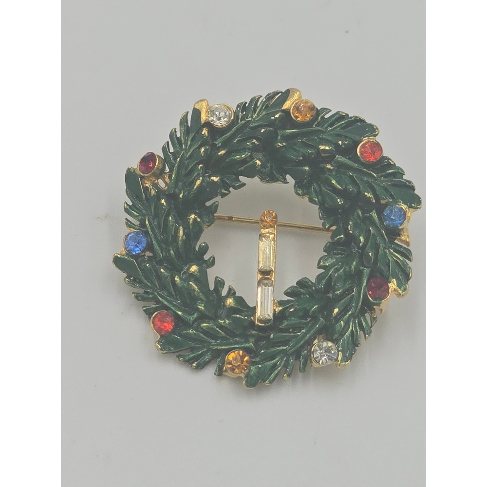 Vintage Christmas Wreath Brooch Green Enamel Multi Color Rhinestone Holiday Pin